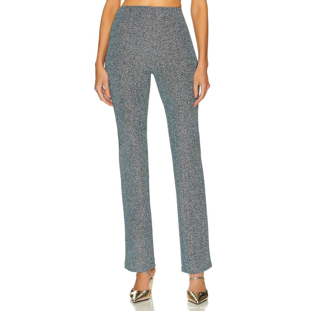 L'Academie Metallic Tie Knit Slim Pants Blue Silver Jersey High Rise Sz XS
